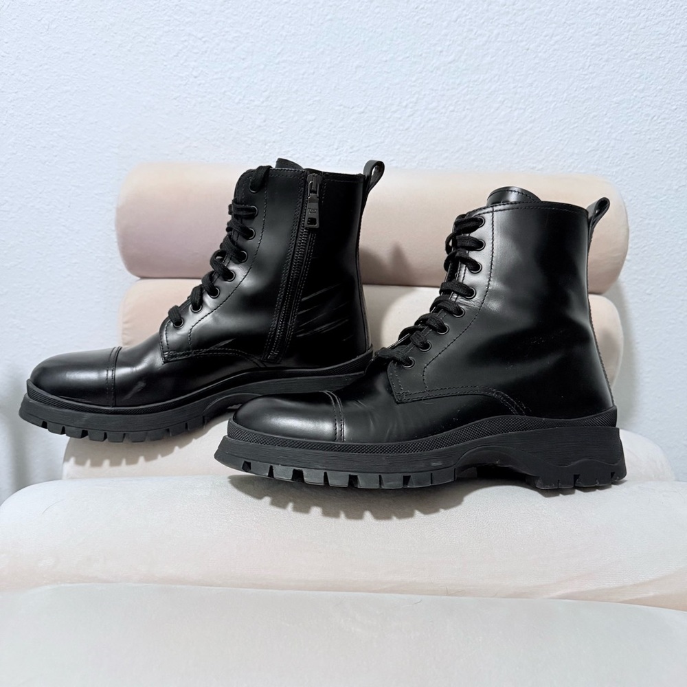 PRADA Women's Black Leather Lace-Up Combat Boots with Lug Sole - Size 38.5